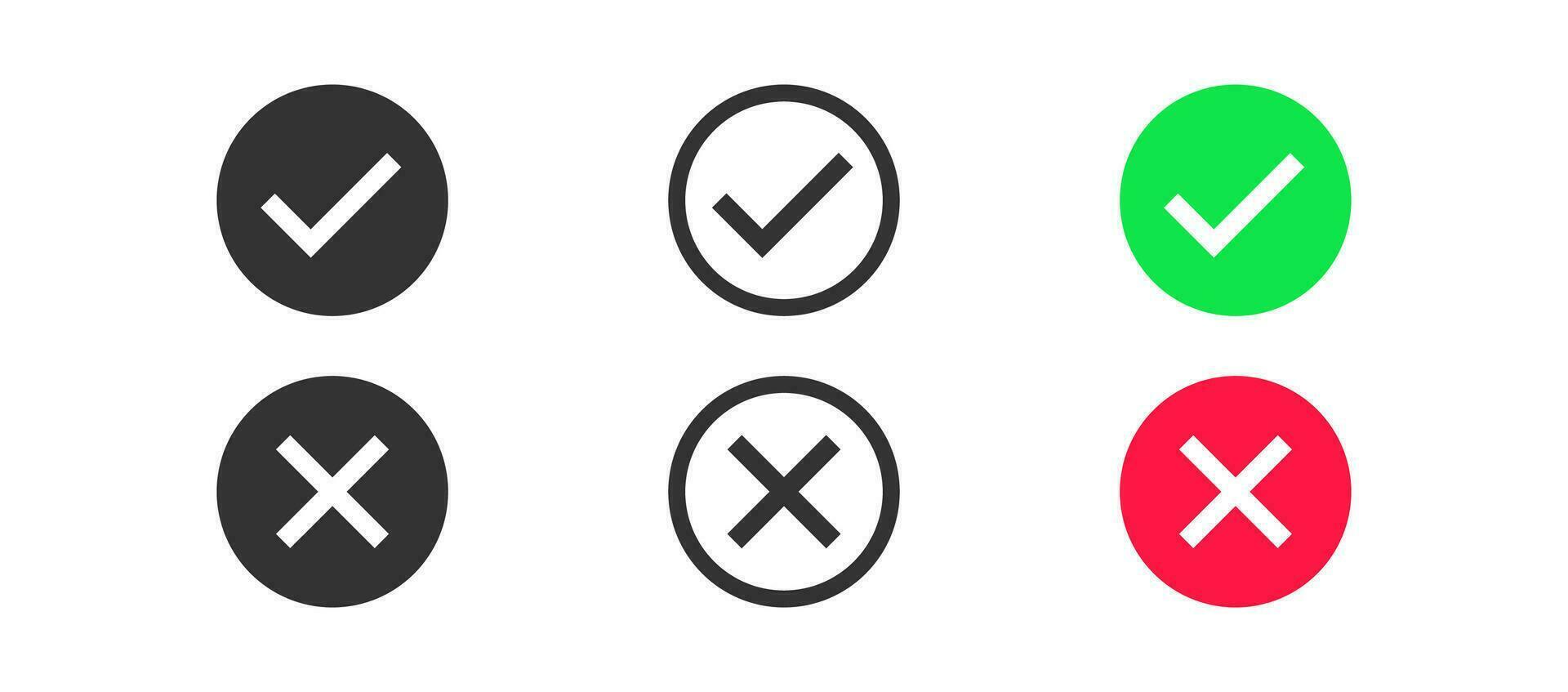 Yes, no icon on white background. Green chek mark and red cross sign. True of false concept. OK symbol. Outline, flat, and colored style. vector