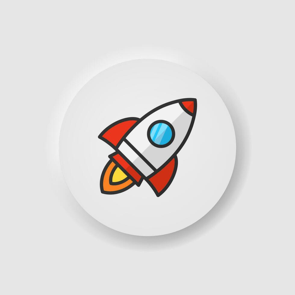 cohete lanzamiento en nubes icono en neumorfismo estilo. íconos para negocio, blanco ui, ux. proyecto puesta en marcha símbolo. lanzamiento astronave con fuego. neumorfo estilo. vector ilustración