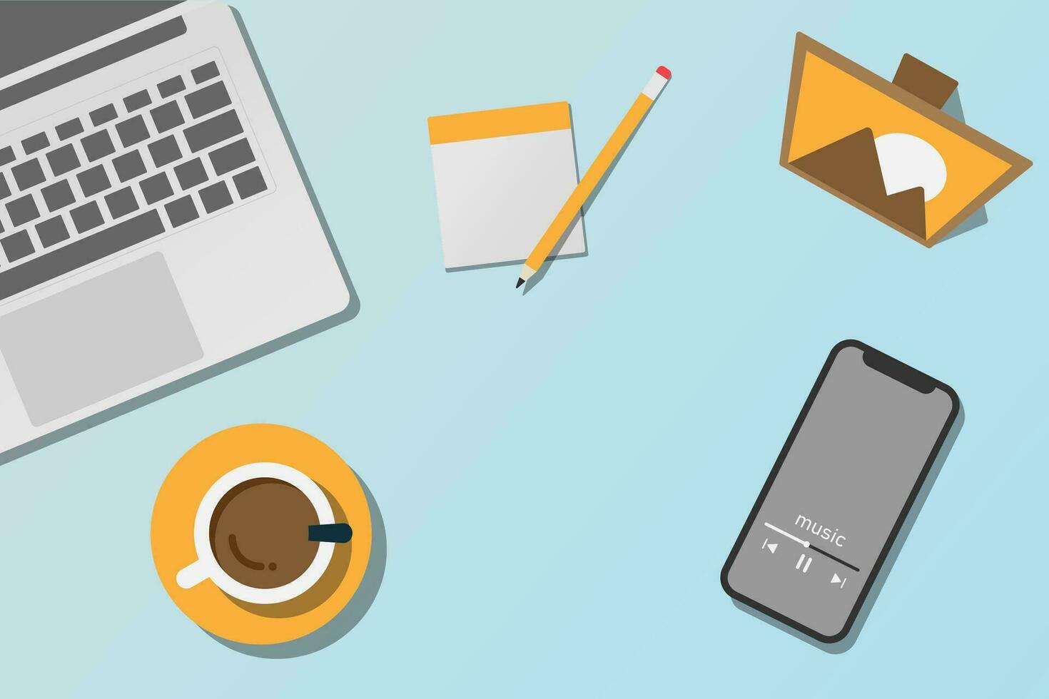 Desktop background. Top view of modern workplace. Office supplies, laptop, notebook, phone, coffee, plant, photo, stickers. Vector illustration.