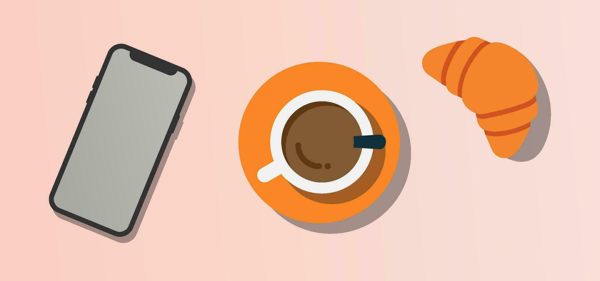 Cup of coffe drink with croissant and phone. Capuchino, mug with shadow. View from above, top view. Self office. Breakfast concept. Workplace symbol. Flat style. vector