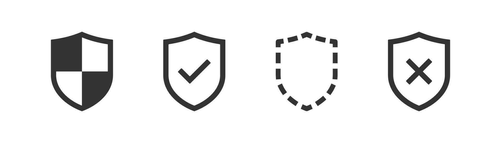 Shield icon on light background. Shields with check mark and cross. Protect symbol. Security, firewall concept. Safety system. Protection activated. Virus protection. Flat design. vector
