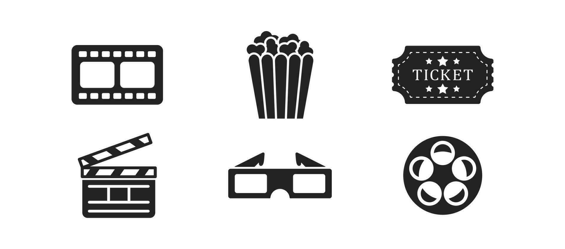 Watching movie icon set on white background. Weekend, leisure concept. Retro style ticket, moviestrip. Media entertainment symbol. Isolated black pictogram design. vector