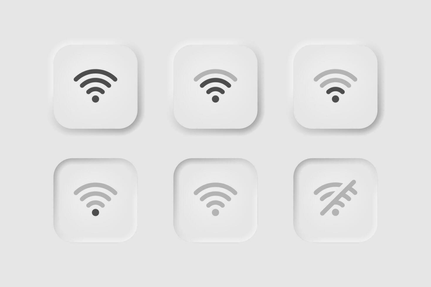 Wi fi icon set in neumorphism style. Editable stroke. Icons for business, white UI, UX. Internet symbol. Wireless, no signal, remote access. Neumorphic style. Vector illustration.