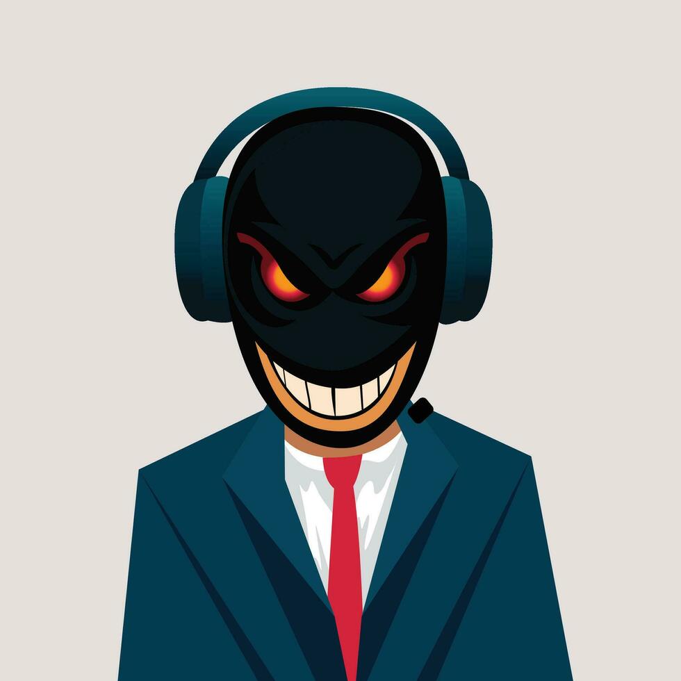 Call center scammer with an evil smile vector illustration, phone call operator scammer cartoon mascot character vector image