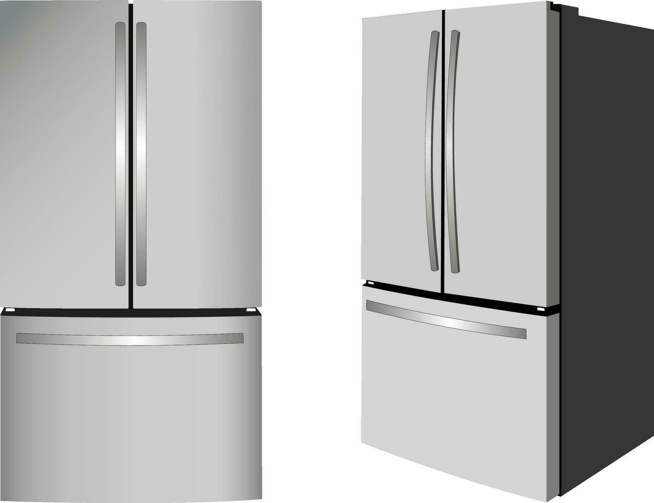 French door refrigerator or Refrigerator with four doors and internal water dispenser vector image illustration in different angles