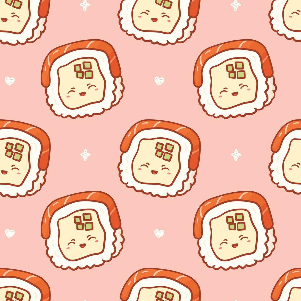 Kawaii seamless pattern with sushi roll with funny face. Cute print asian food in cartoon style for phone case, backgrounds, fashion, wrapping paper and textile. Vector Illustration