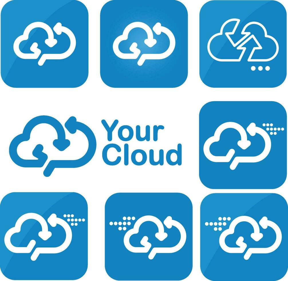 Cloud service depicting syncing process icon set , Different types of
