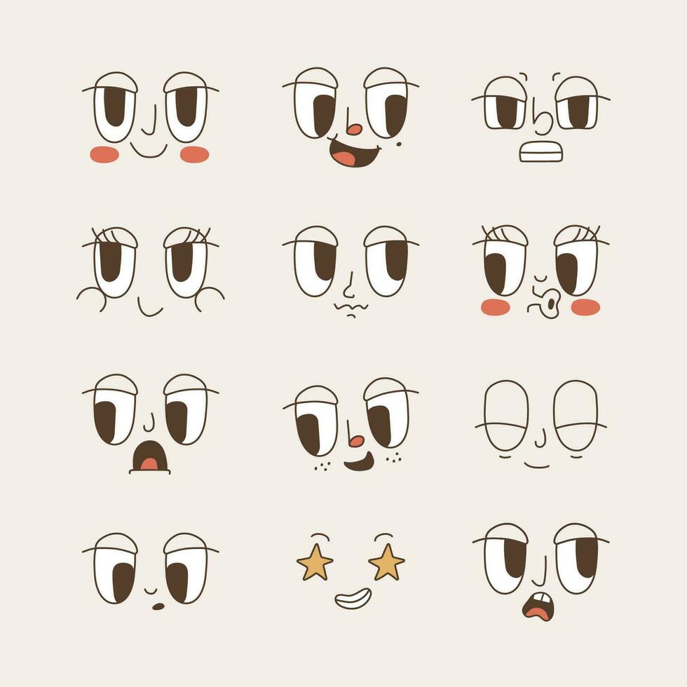 Set of faces in cartoon retro and groovy style. Eyes and mouths of the 70s with different expressions. Vector