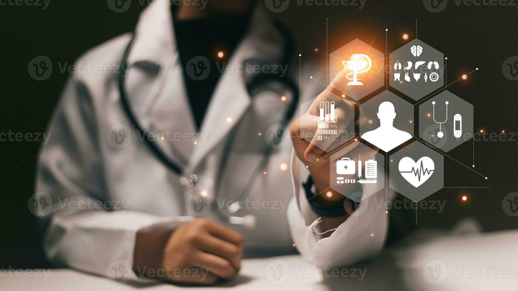 Medicine doctor hand working with modern computer interface as medical network concept photo
