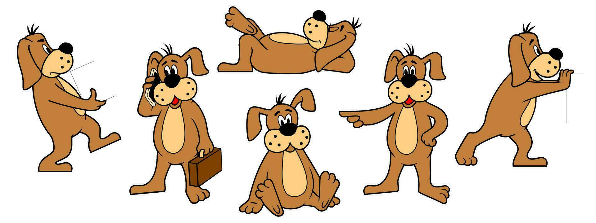 Set of Cartoon Dog in Action. Standing, sitting, lying, pushing, carrying, speaking phone. Vector cliparts isolated on white.