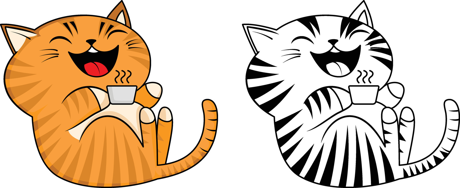 Happy Cat drinking coffee or tea vector illustration, Cartoon happy kitten laughing and holding