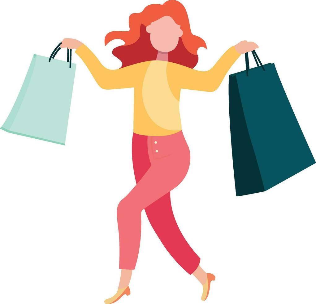 mujer disfrutando compras plano estilo vector ilustración, contento dama sin prisa caminando después compras con compras pantalones valores vector imagen