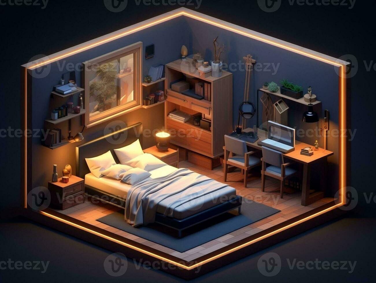 Low-poly isometric aesthetic bedroom, small 3D room with RGB lighting generative ai photo