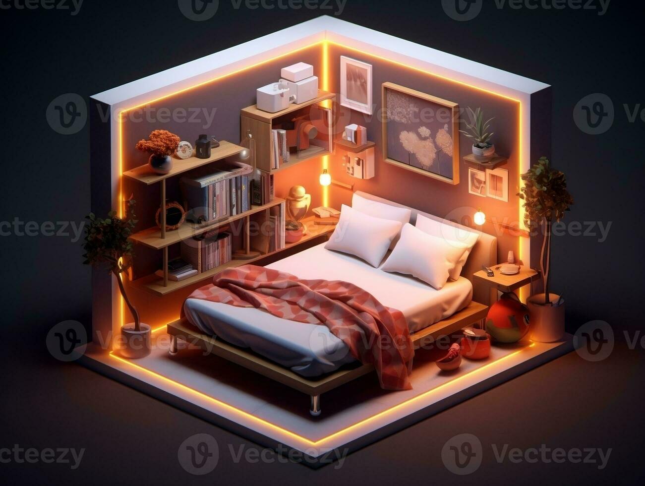 Low-poly isometric aesthetic bedroom, small 3D room with RGB lighting generative ai photo