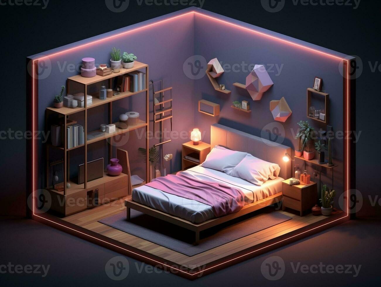 Low-poly isometric aesthetic bedroom, small 3D room with RGB lighting generative ai photo
