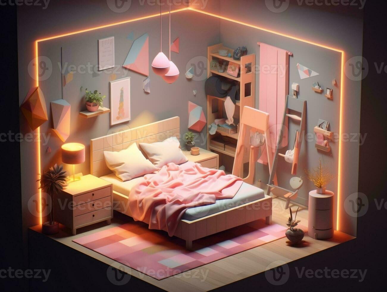 Low-poly isometric aesthetic bedroom, small 3D room with RGB lighting generative ai photo