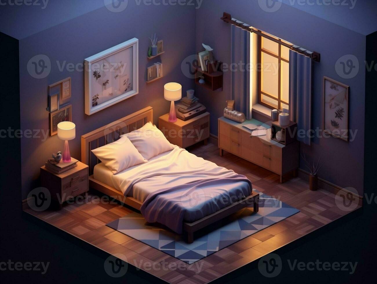 Low-poly isometric aesthetic bedroom, small 3D room with RGB lighting generative ai photo