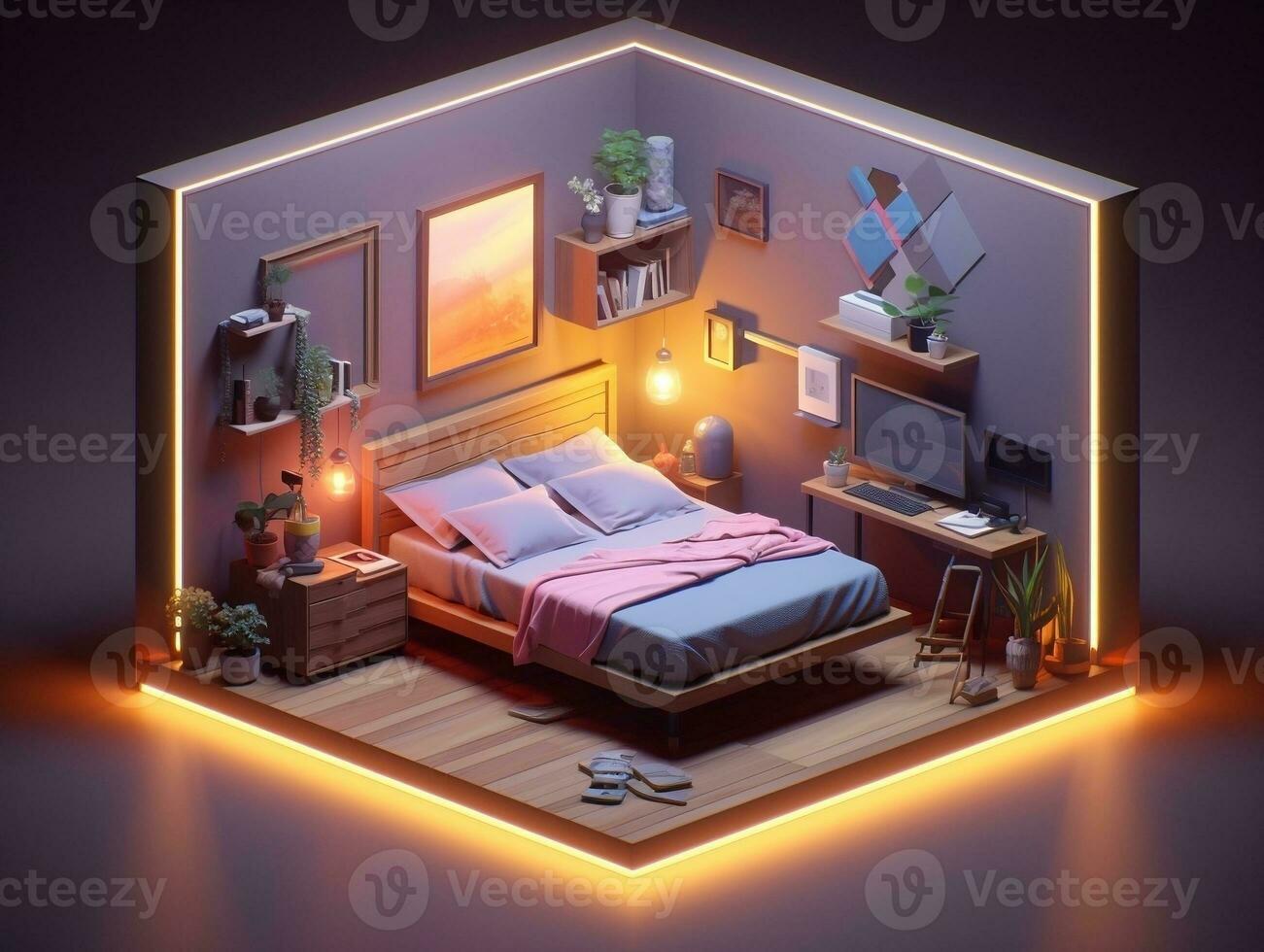 Low-poly isometric aesthetic bedroom, small 3D room with RGB lighting generative ai photo