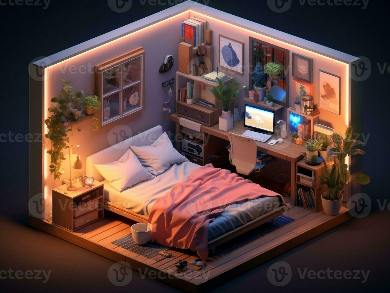 Low-poly isometric aesthetic bedroom, small 3D room with RGB lighting generative ai photo