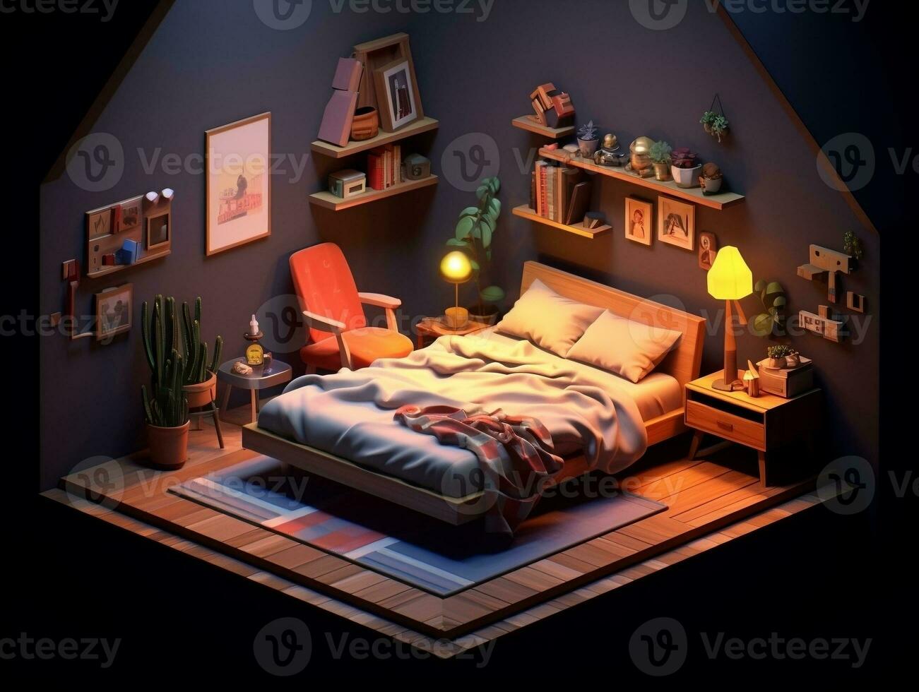 Low-poly isometric aesthetic bedroom, small 3D room with RGB lighting generative ai photo