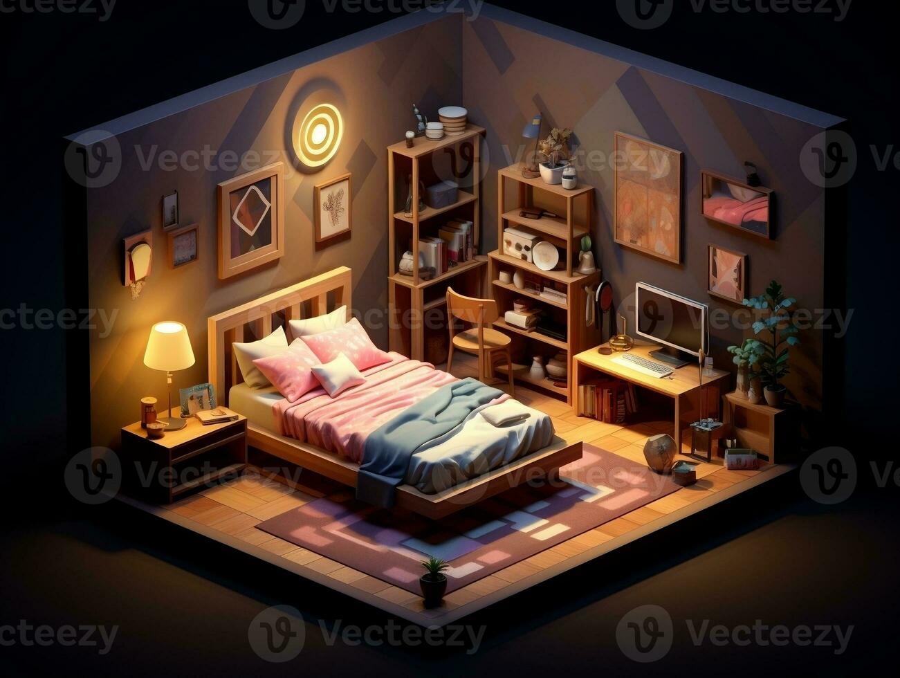 Low-poly isometric aesthetic bedroom, small 3D room with RGB lighting generative ai photo