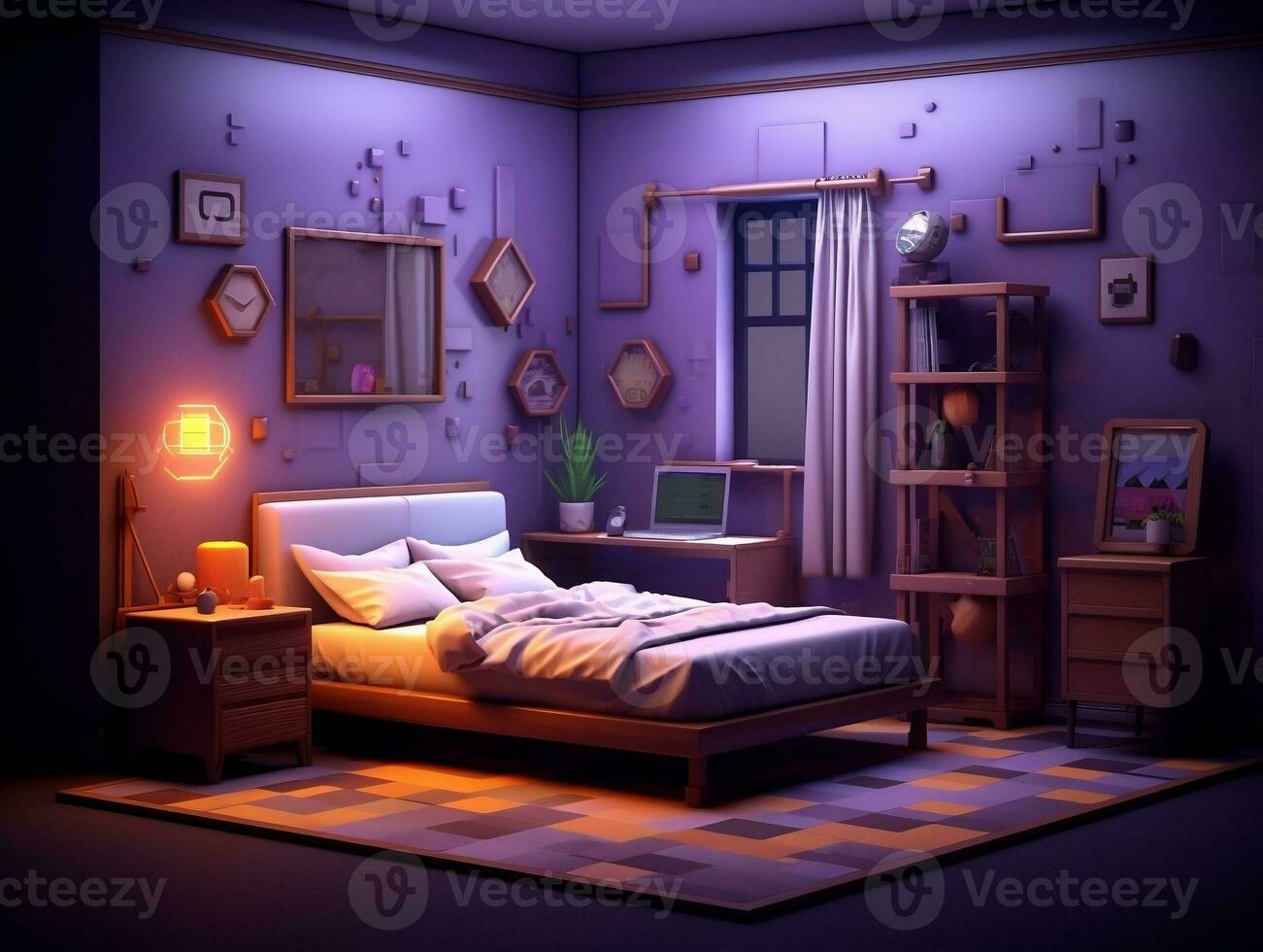 Low-poly isometric aesthetic bedroom, small 3D room with RGB lighting generative ai photo