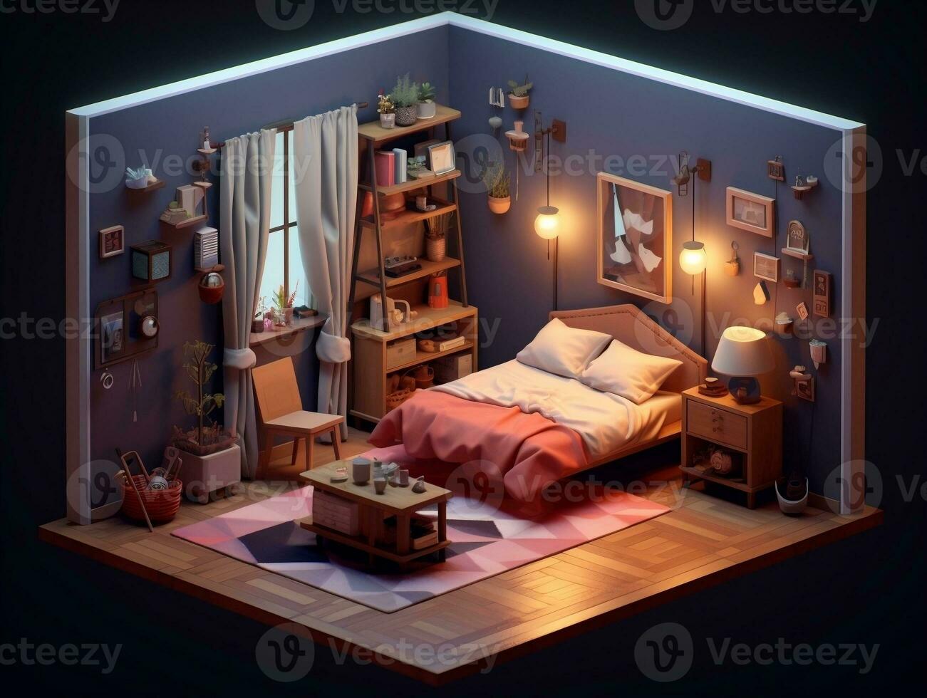 Low-poly isometric aesthetic bedroom, small 3D room with RGB lighting generative ai photo