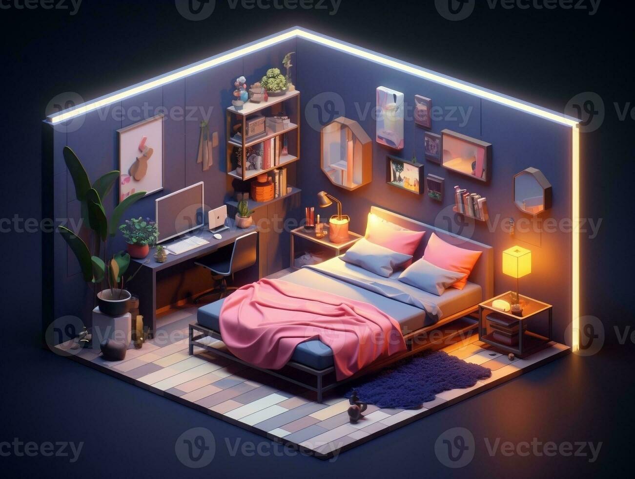 Low-poly isometric aesthetic bedroom, small 3D room with RGB lighting generative ai photo