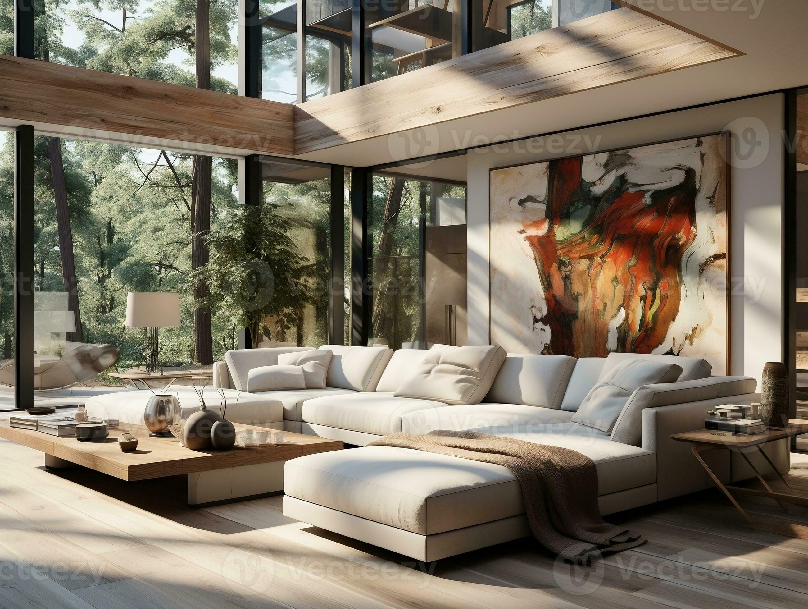 An elegant modern home interior with minimalist design and large floor