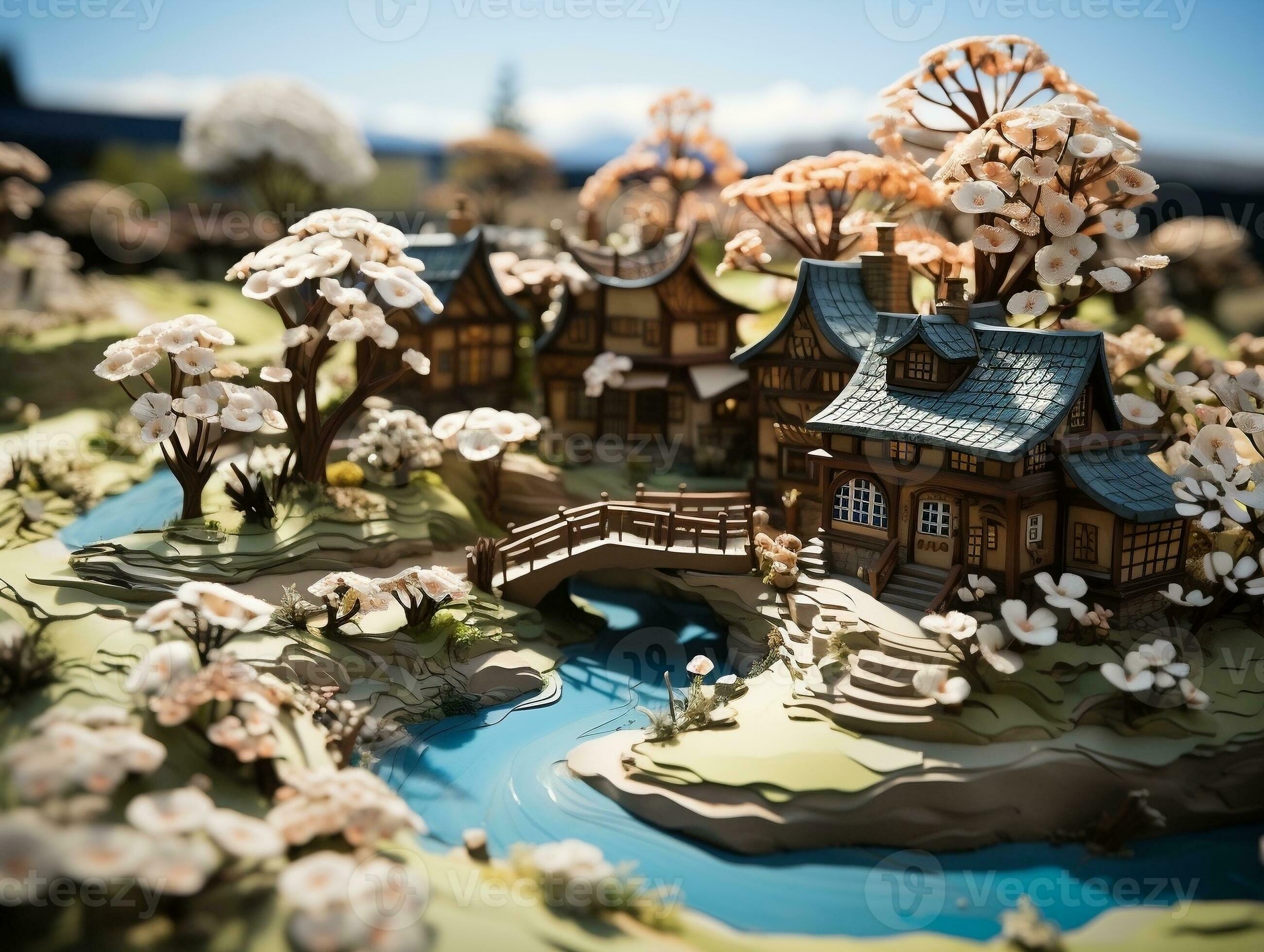 A serene and picturesque countryside scene featuring a charming old 