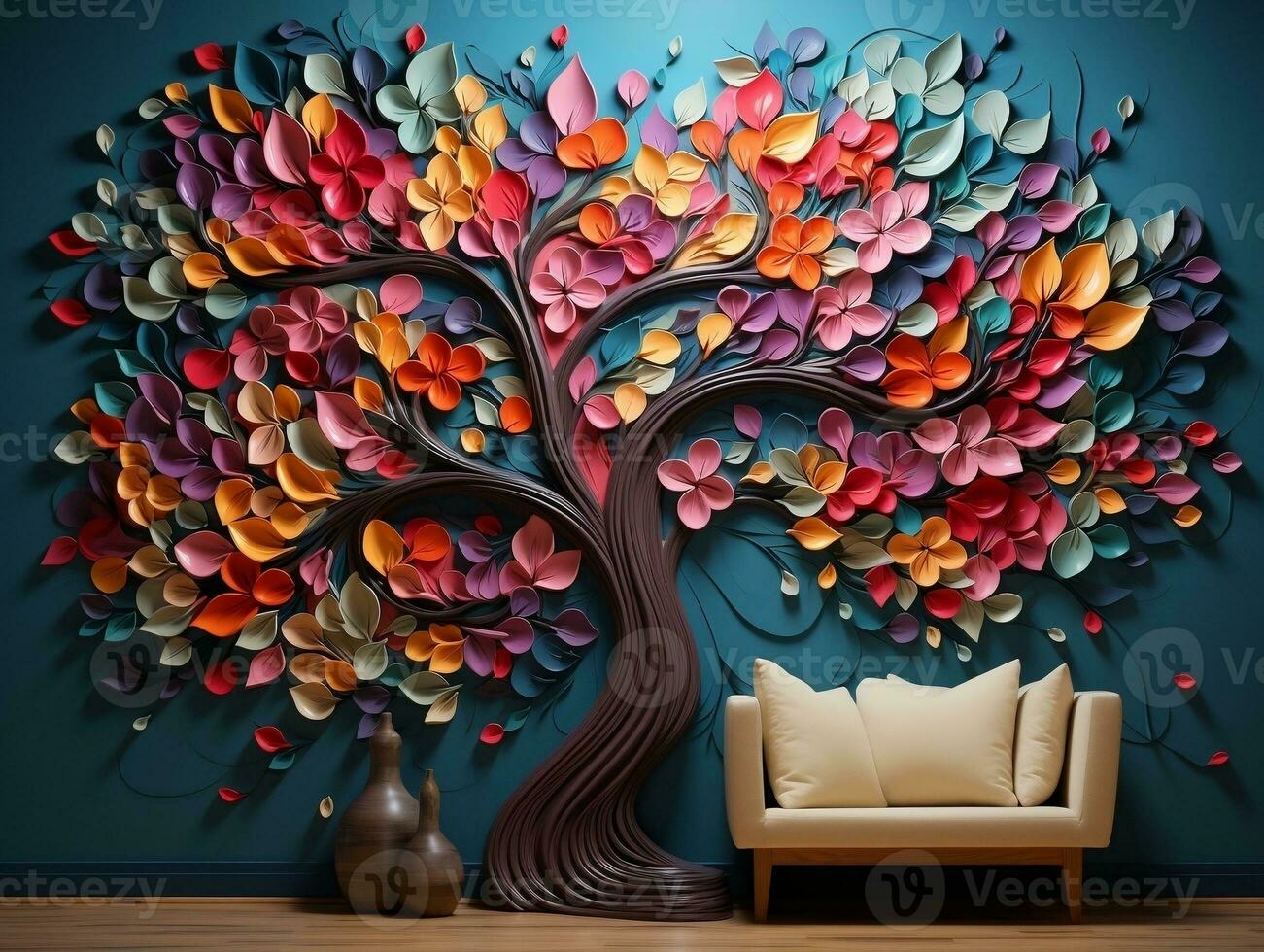 Colorful tree with vibrant leaves hanging branches illustration background 3d abstraction wallpaper for interior mural painting wall art decor generative ai photo