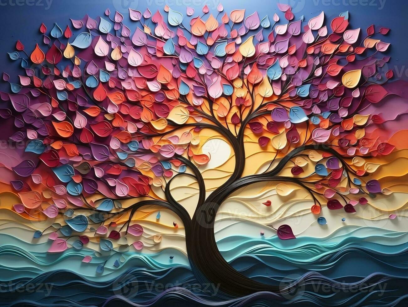 Colorful tree with vibrant leaves hanging branches illustration background 3d abstraction wallpaper for interior mural painting wall art decor generative ai photo