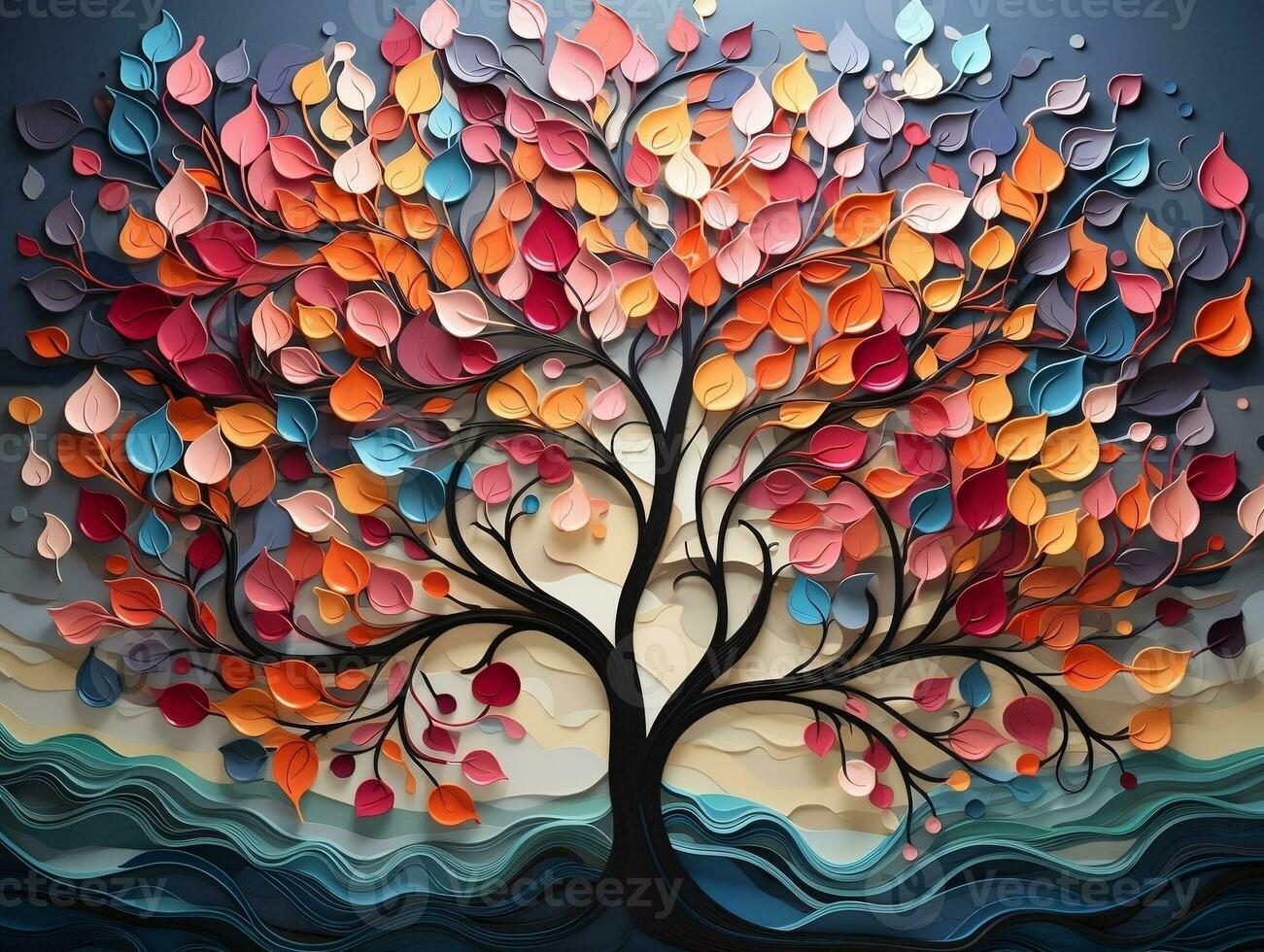 Colorful tree with vibrant leaves hanging branches illustration background 3d abstraction wallpaper for interior mural painting wall art decor generative ai photo