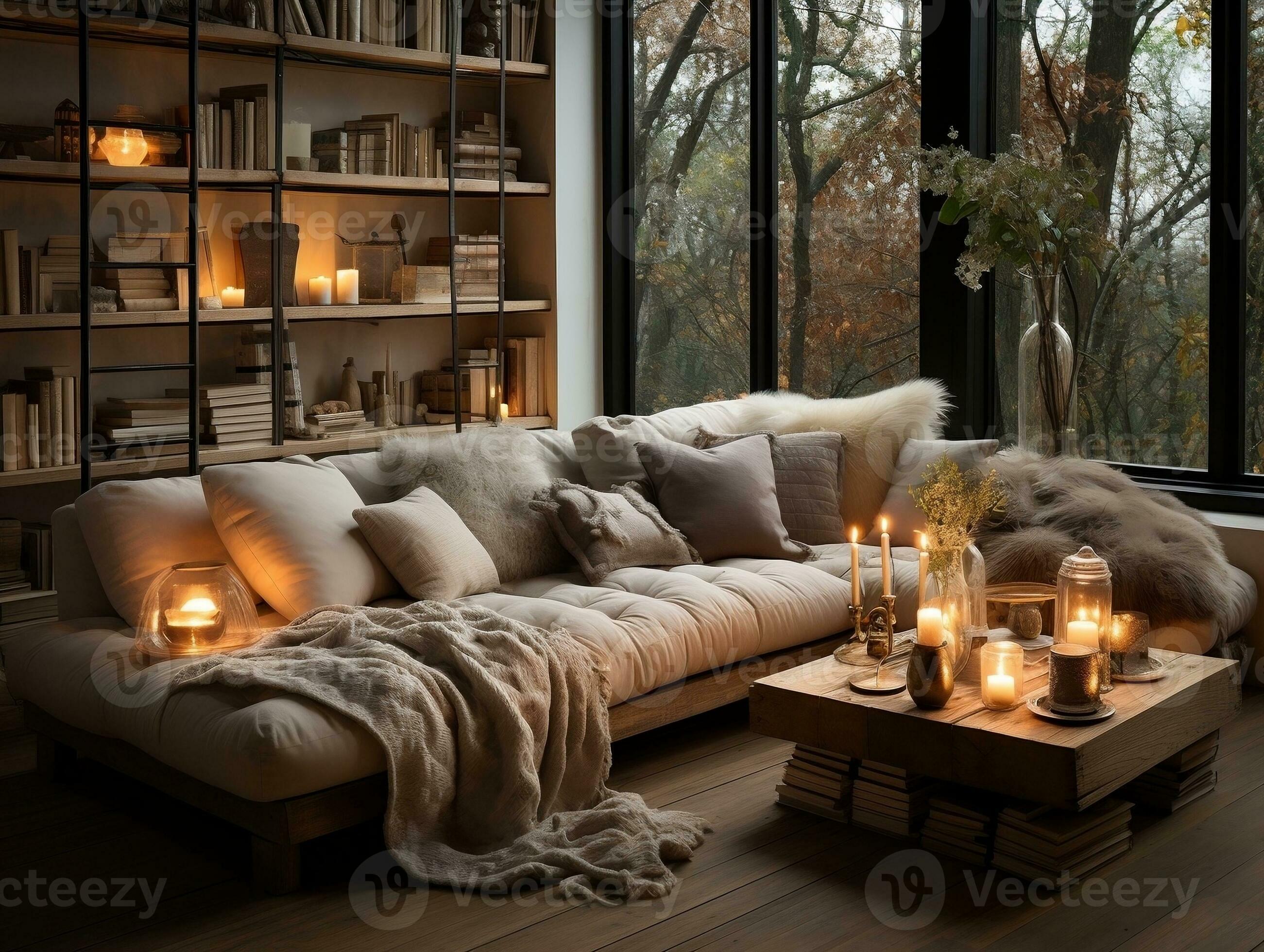 A cozy modern living room is adorned with wooden accents including a rustic coffee table and a bookshelf filled with books and decorative items generative ai 27421368 Stock Photo at Vecteezy
