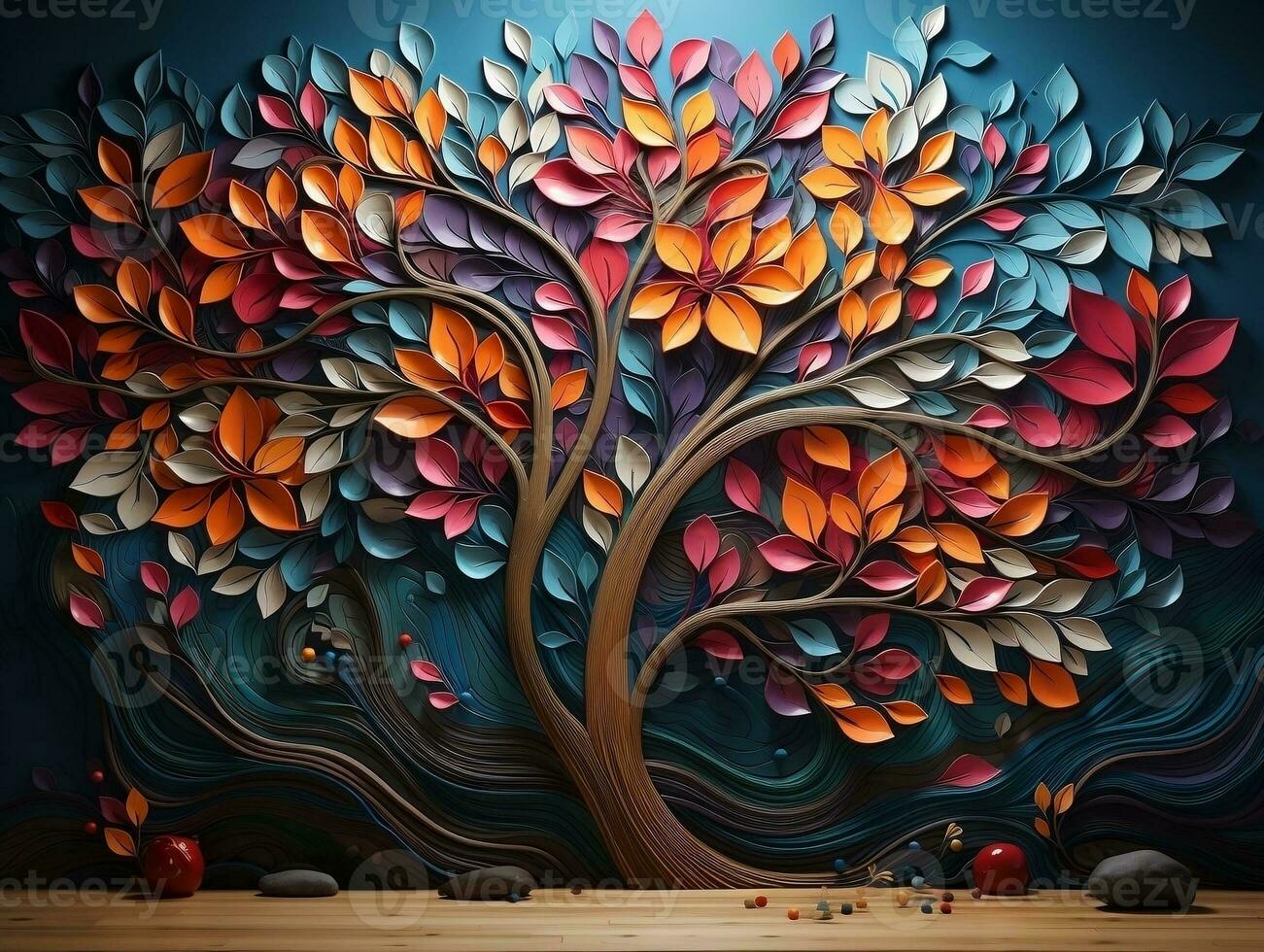 Colorful tree with vibrant leaves hanging branches illustration background 3d abstraction wallpaper for interior mural painting wall art decor generative ai photo