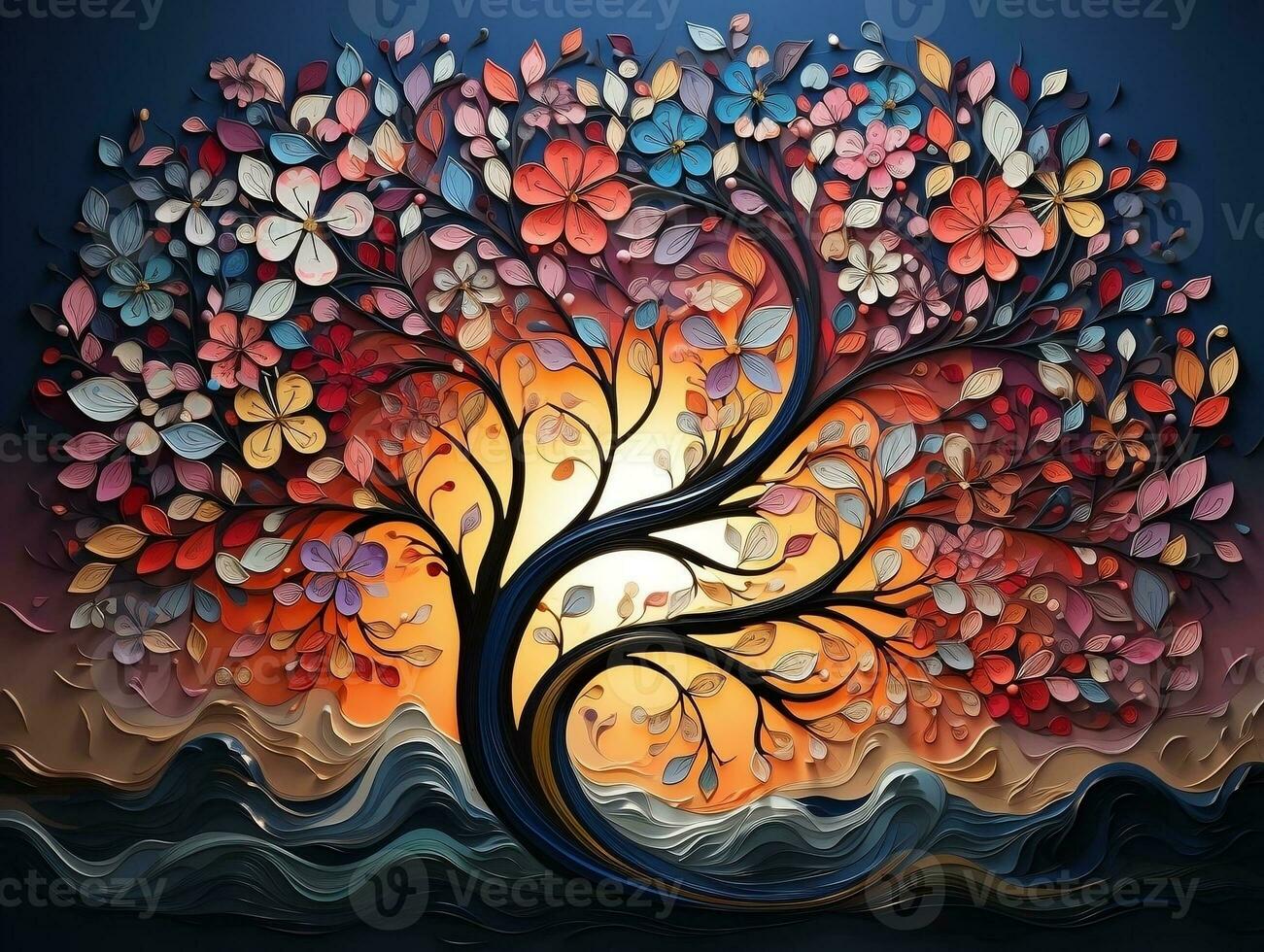 Colorful tree with vibrant leaves hanging branches illustration background 3d abstraction wallpaper for interior mural painting wall art decor generative ai photo