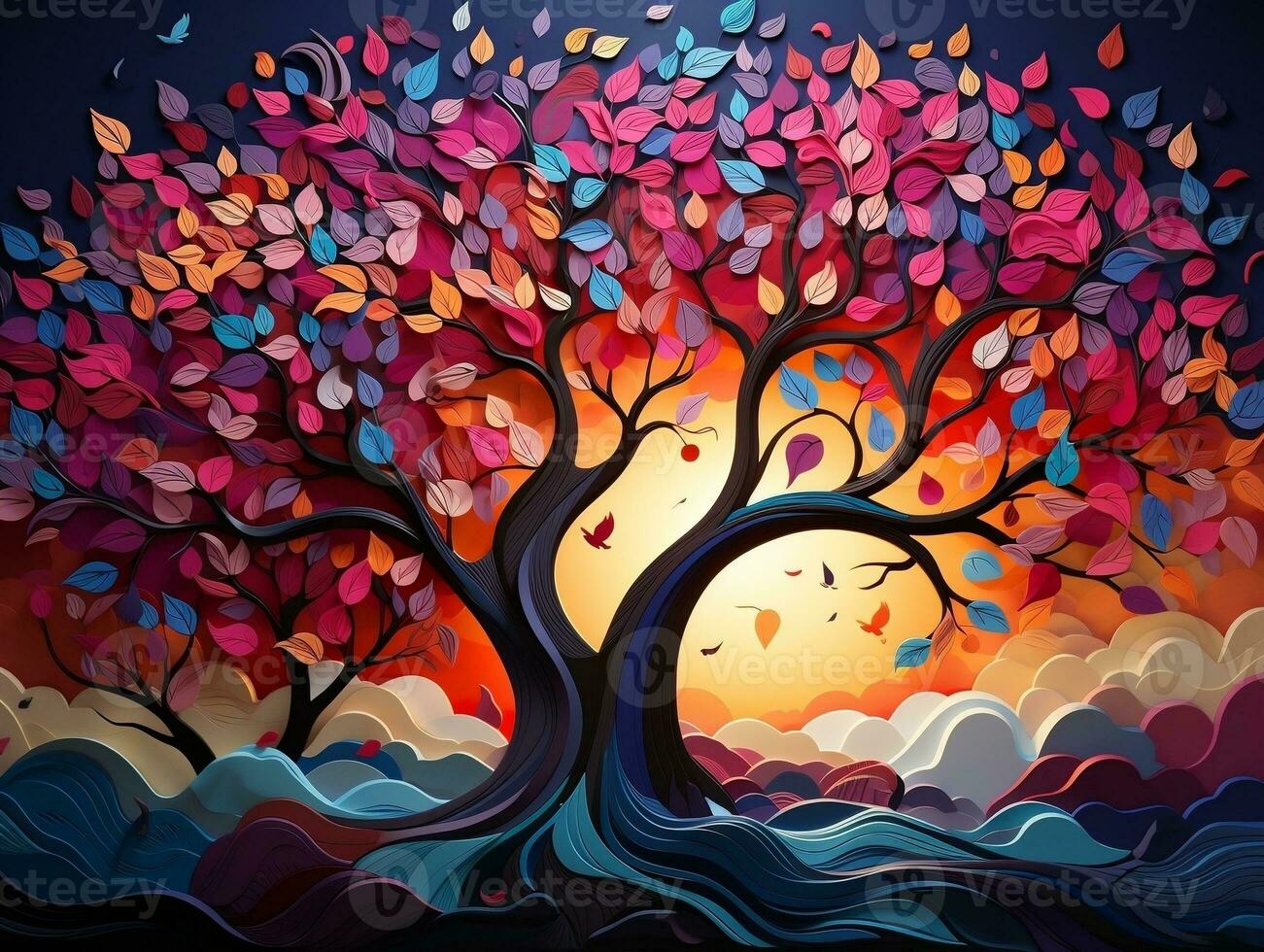 Colorful tree with vibrant leaves hanging branches illustration background 3d abstraction wallpaper for interior mural painting wall art decor generative ai photo