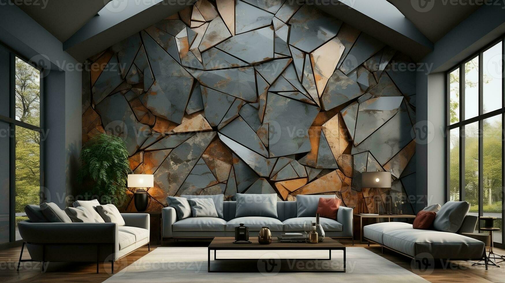 3d interior wall art decor living room with stereo deer animal and abstract geometric crack stone wall generative ai photo