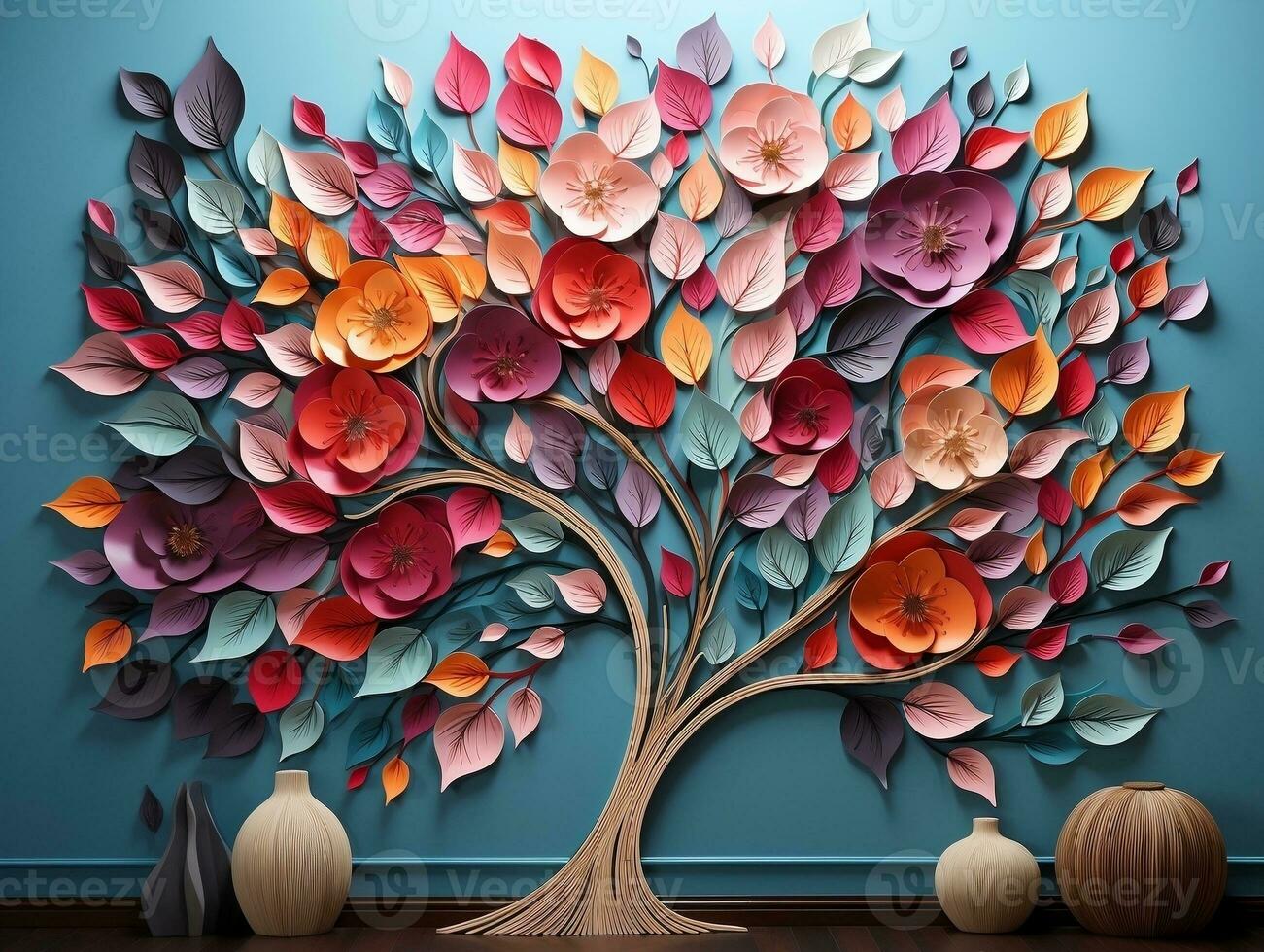 Colorful tree with leaves on hanging branches illustration background. 3d abstraction interior mural wall art decor generative ai photo