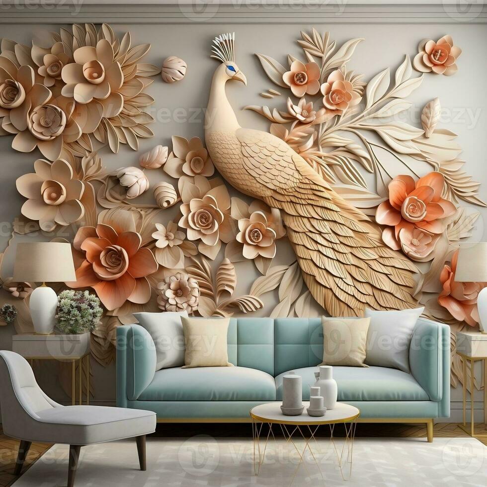 Luxury Flowers with Peacock Illustration Background. 3D Interior Mural Painting and wall art Decor generative ai photo