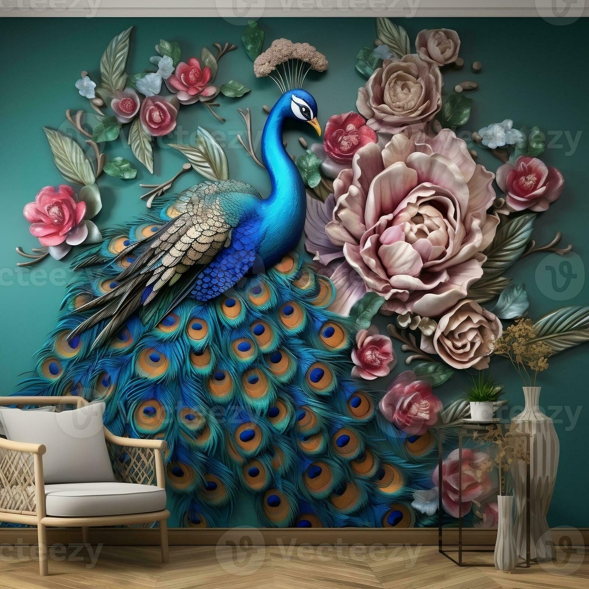 luxury-flowers-with-peacock-illustration-background-3d-interior-mural