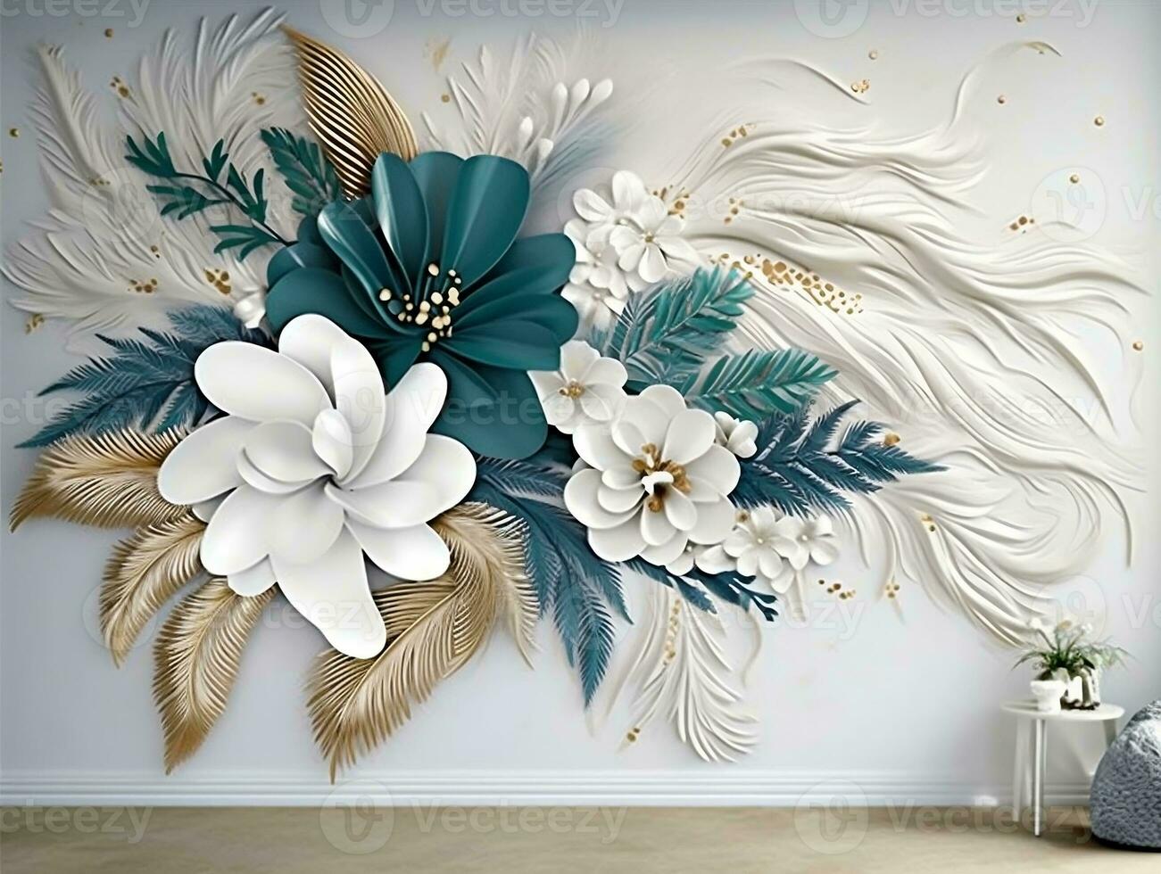 3d modern interior wall art decor with white, dark green, and golden tropical palm leaf branches and flowers with feathers peacock bird illustration background generative ai photo