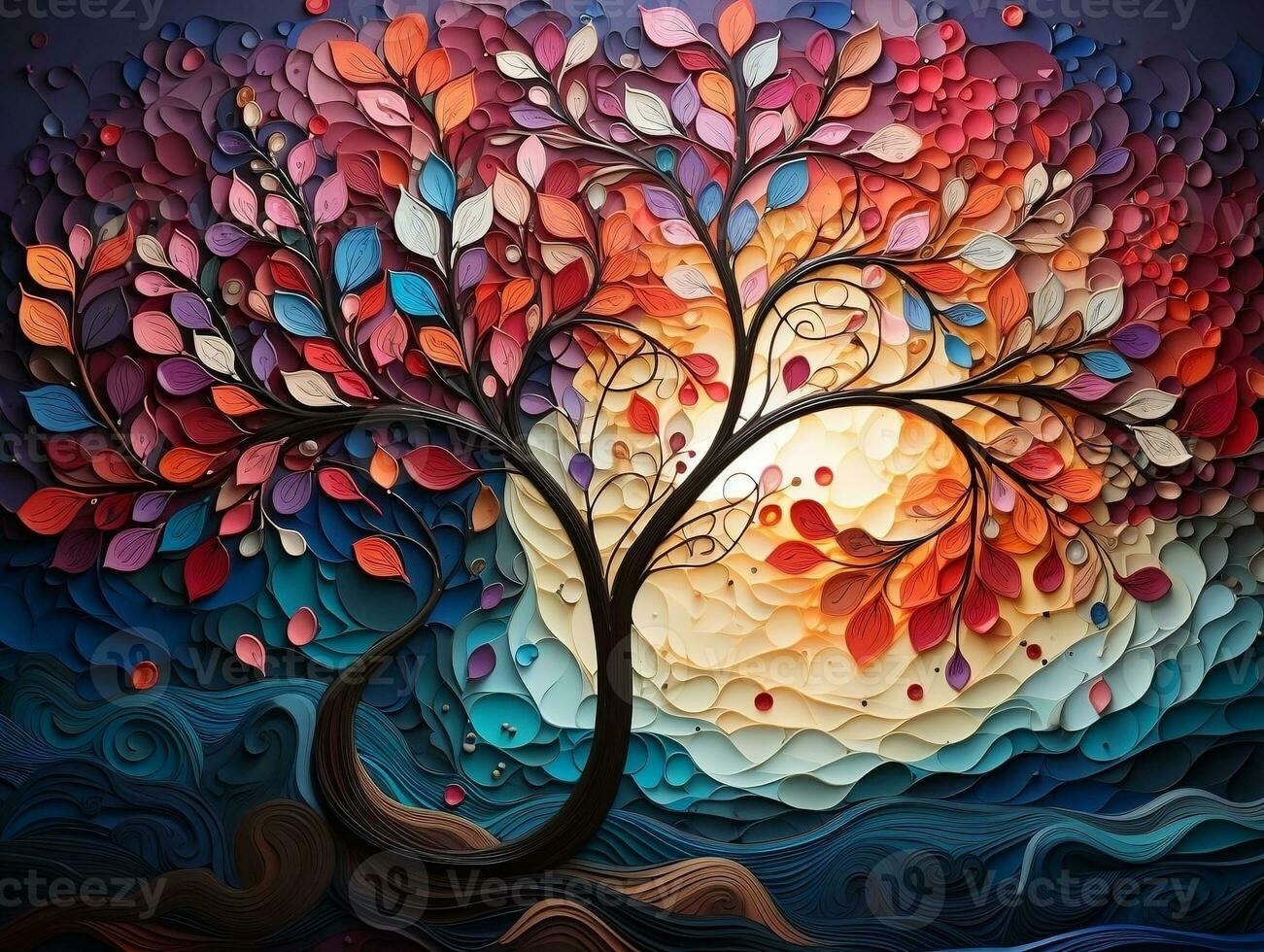Colorful tree with vibrant leaves hanging branches illustration background 3d abstraction wallpaper for interior mural painting wall art decor generative ai photo