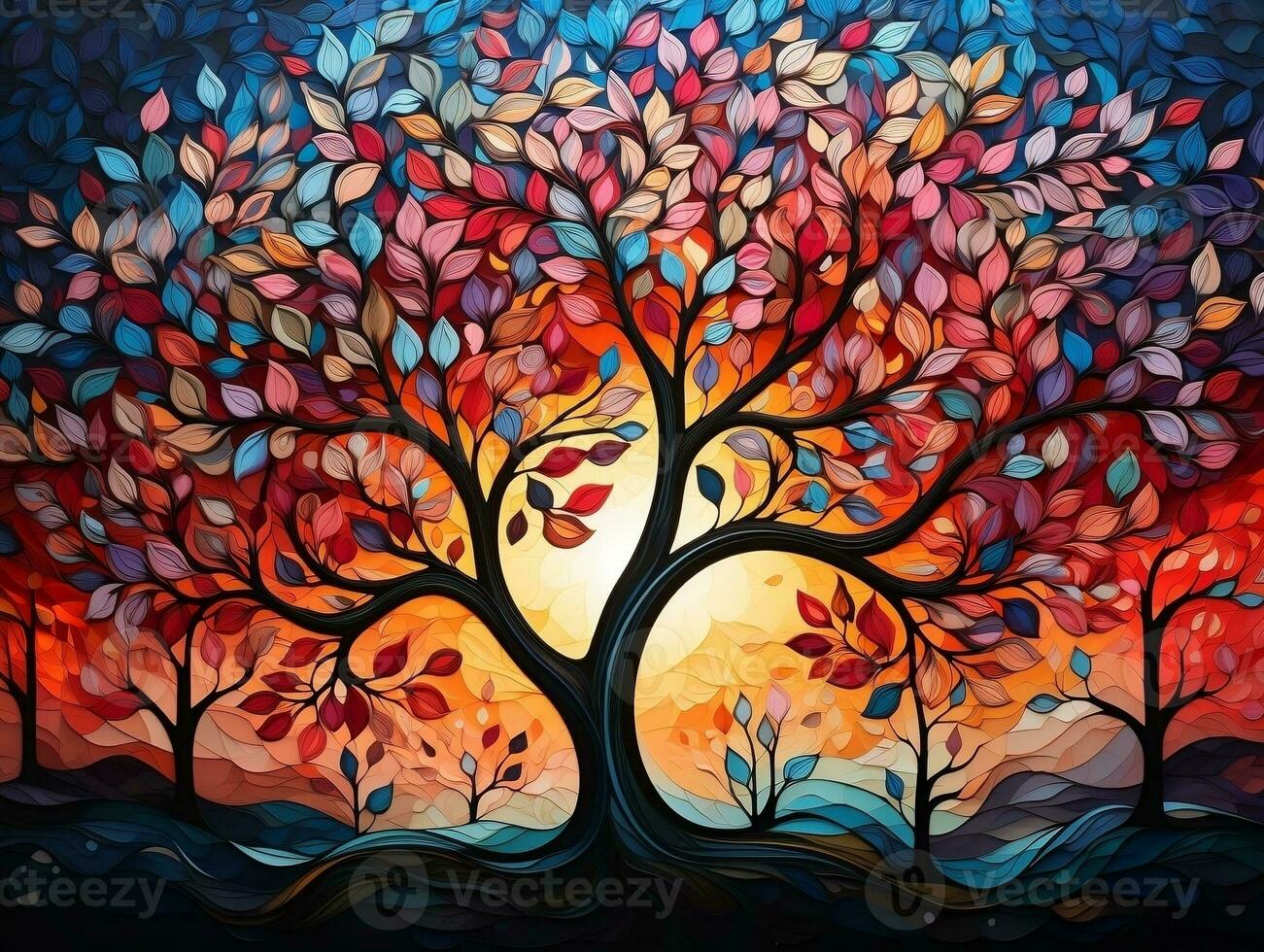 Colorful tree with vibrant leaves hanging branches illustration background 3d abstraction wallpaper for interior mural painting wall art decor generative ai photo