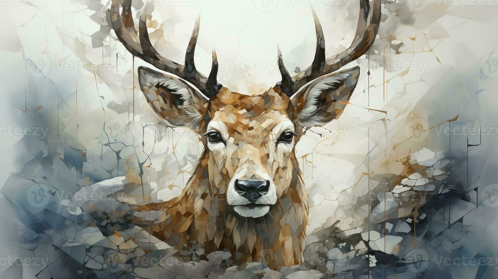 3d interior wall art decor living room with stereo deer animal and abstract geometric crack stone wall generative ai photo