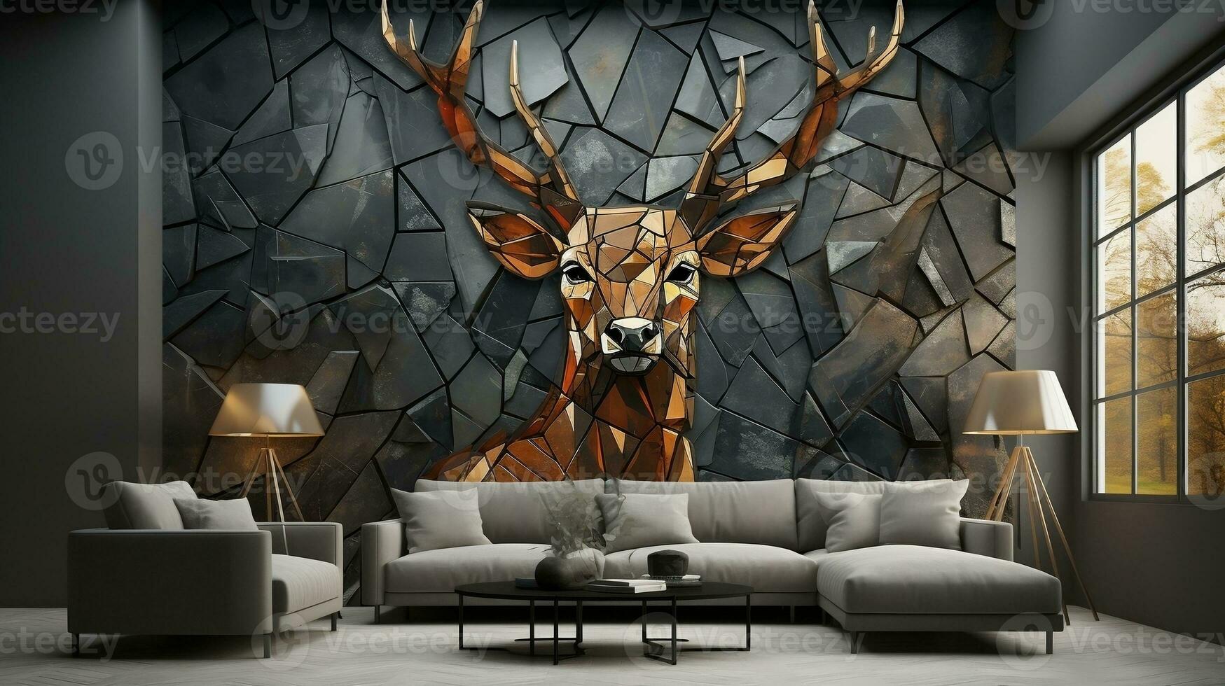 3d interior wall art decor living room with stereo deer animal and abstract geometric crack stone wall generative ai photo