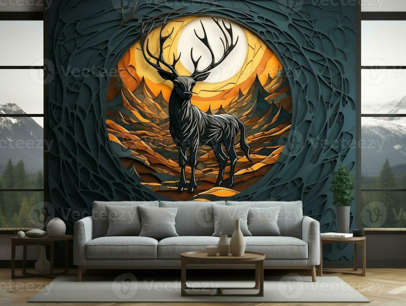 Abstract modern 3d interior mural wall art dark green and golden forest trees, deer animal wildlife with birds, golden moon, and waves mountains generative ai photo