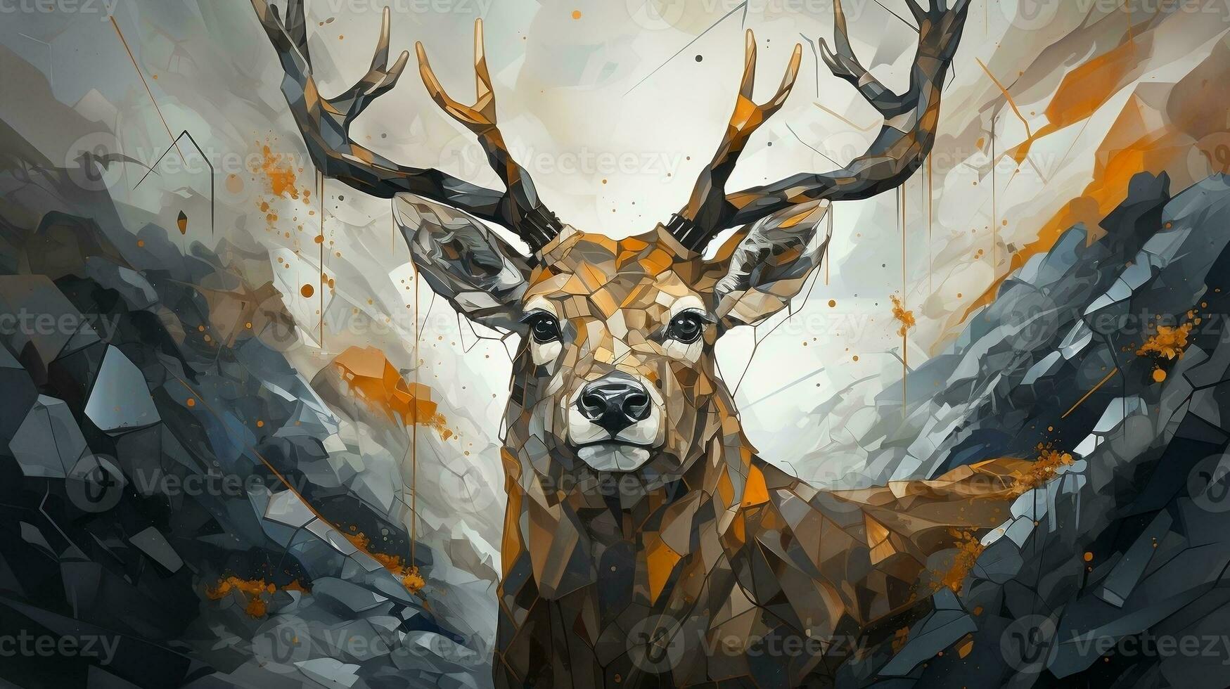 3d interior wall art decor living room with stereo deer animal and abstract geometric crack stone wall generative ai photo