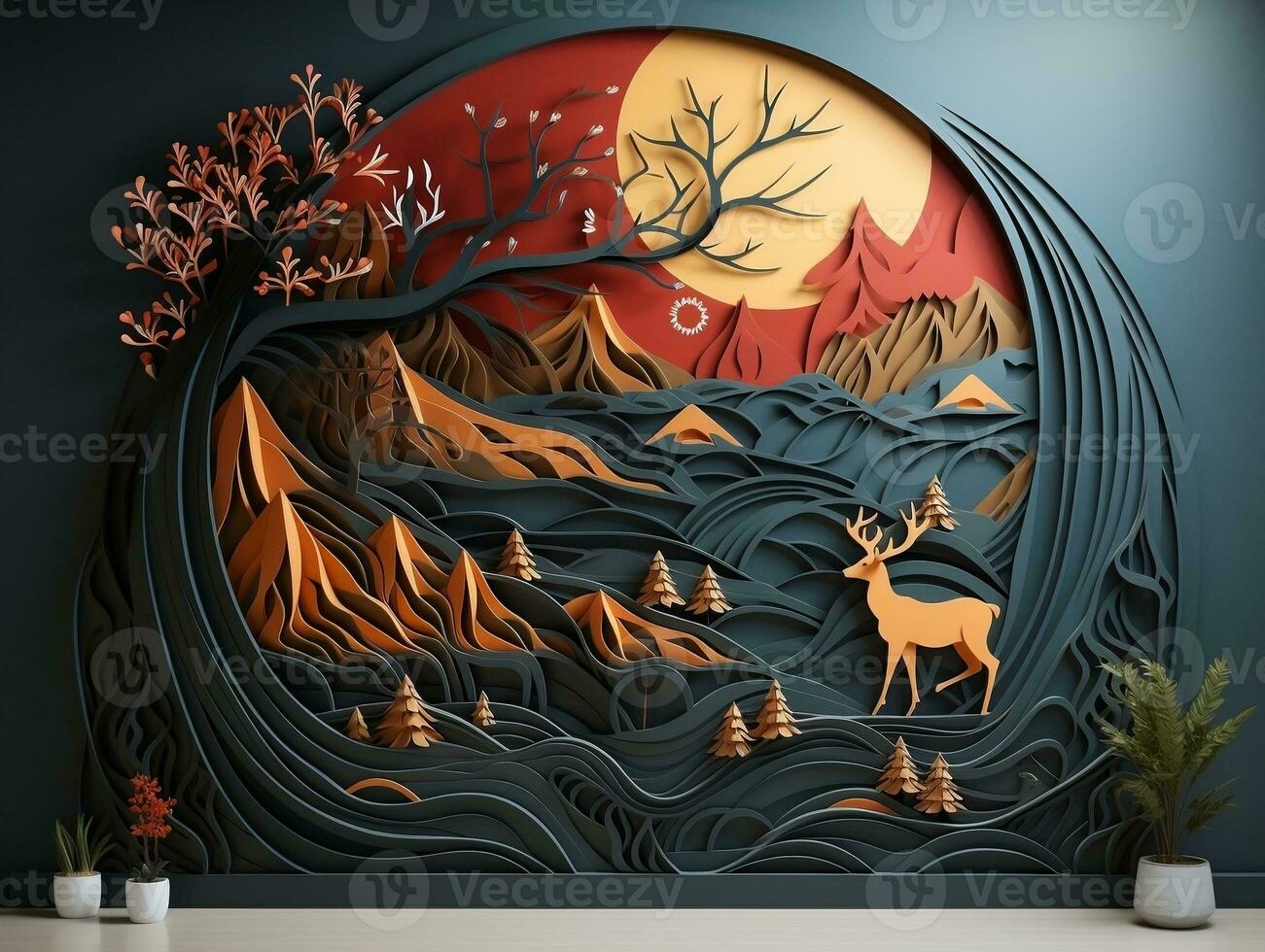 Abstract modern 3d interior mural wall art dark green and golden forest trees, deer animal wildlife with birds, golden moon, and waves mountains generative ai photo