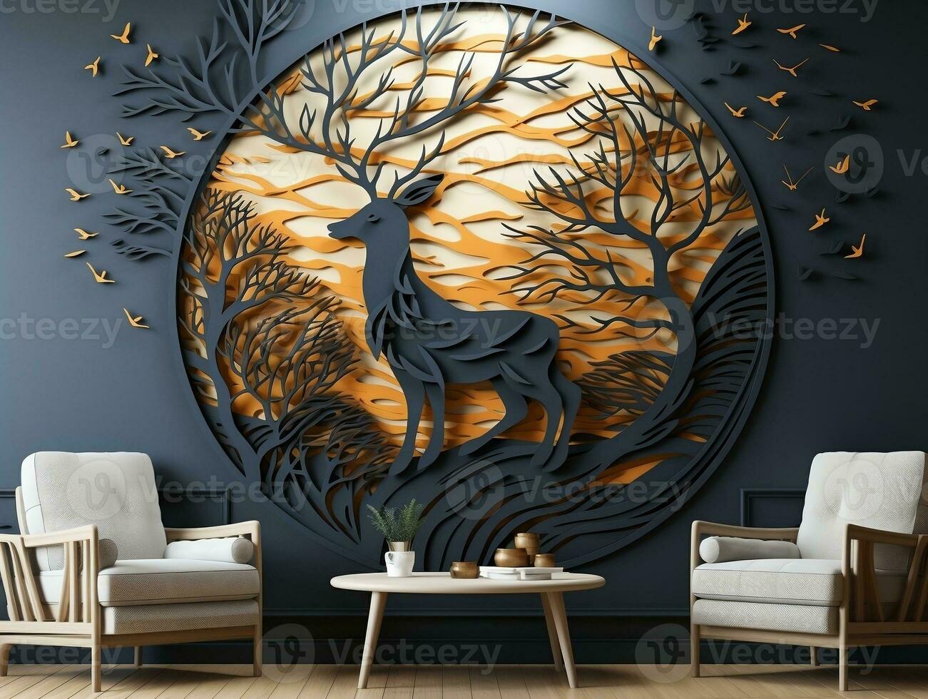 Abstract modern 3d interior mural wall art dark green and golden forest trees, deer animal wildlife with birds, golden moon, and waves mountains generative ai photo